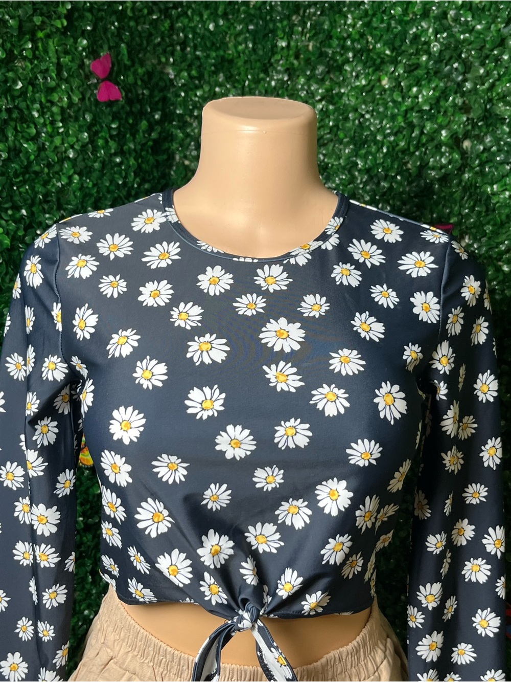 Old Navy Navy Daisy Tie-Front Long Sleeve Top